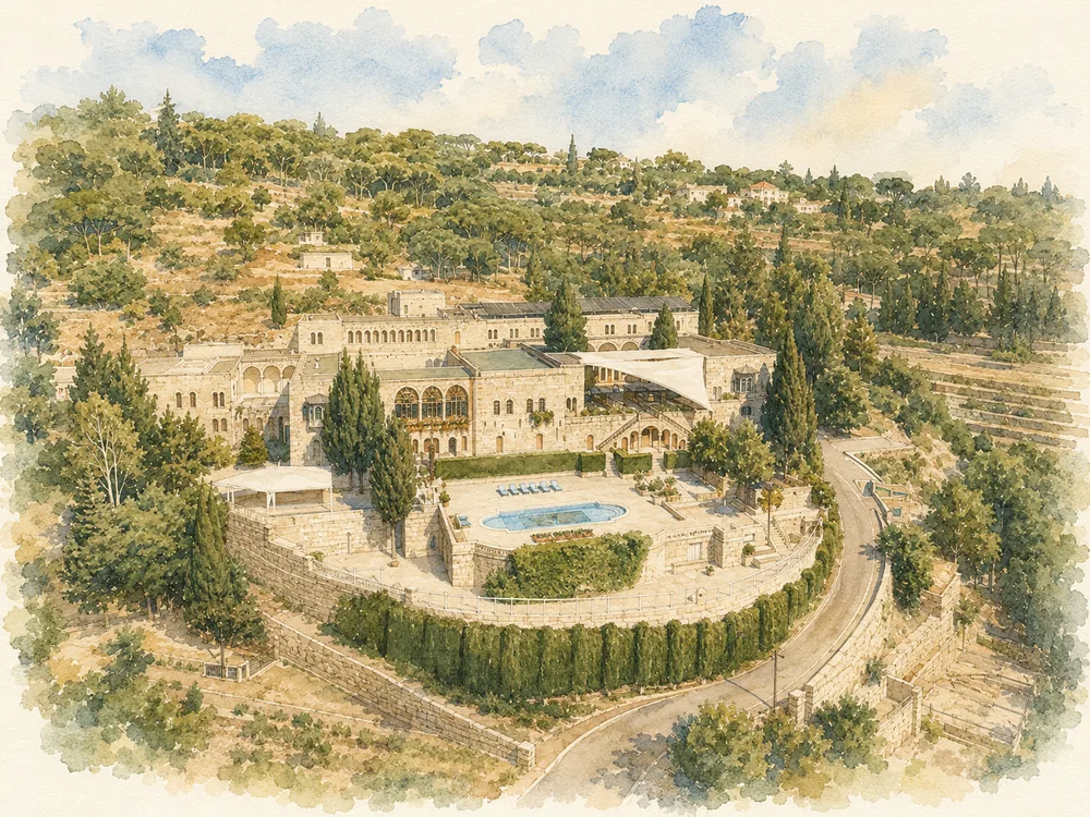 Watercolor of the palace and its gardens
